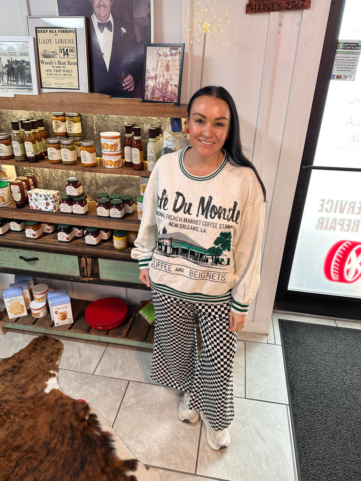 Queen of Sparkles Grey Sport Stripe 'Cafe Du Monde' Sweatshirt