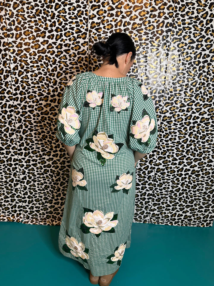Queen of Sparkles Green & White Gingham Magnolia Button Up Cotton Midi Dress