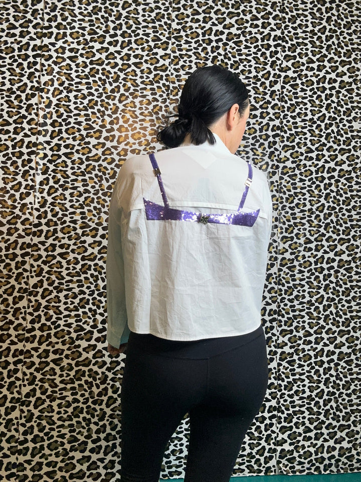 Queen of Sparkles White Mardi Gras Beaded Bikini Button Up Cotton Top