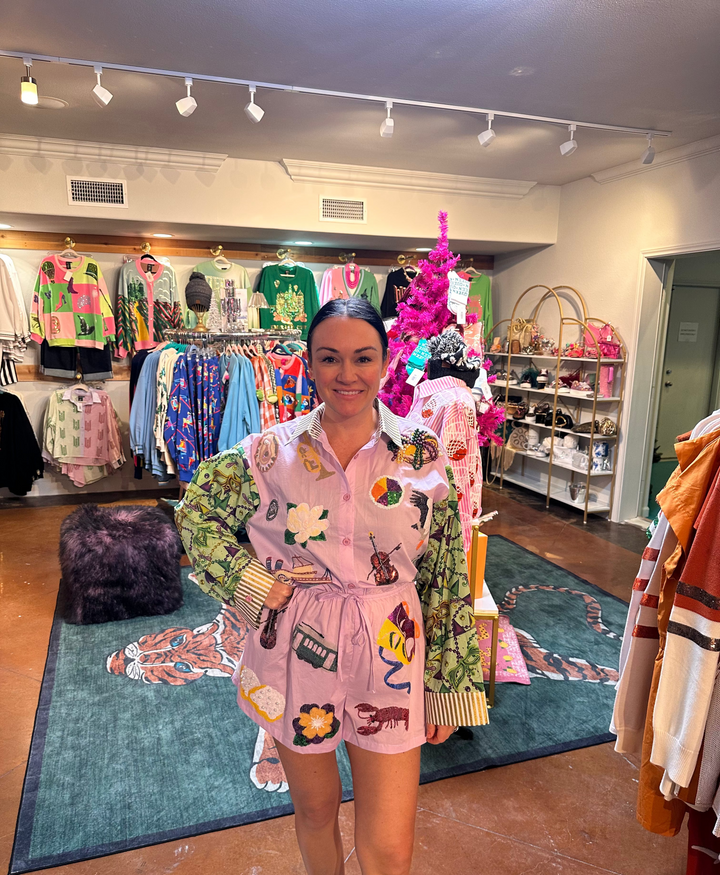 Queen of Sparkles Colorblock Print Mardi Gras Icon Button Up Romper