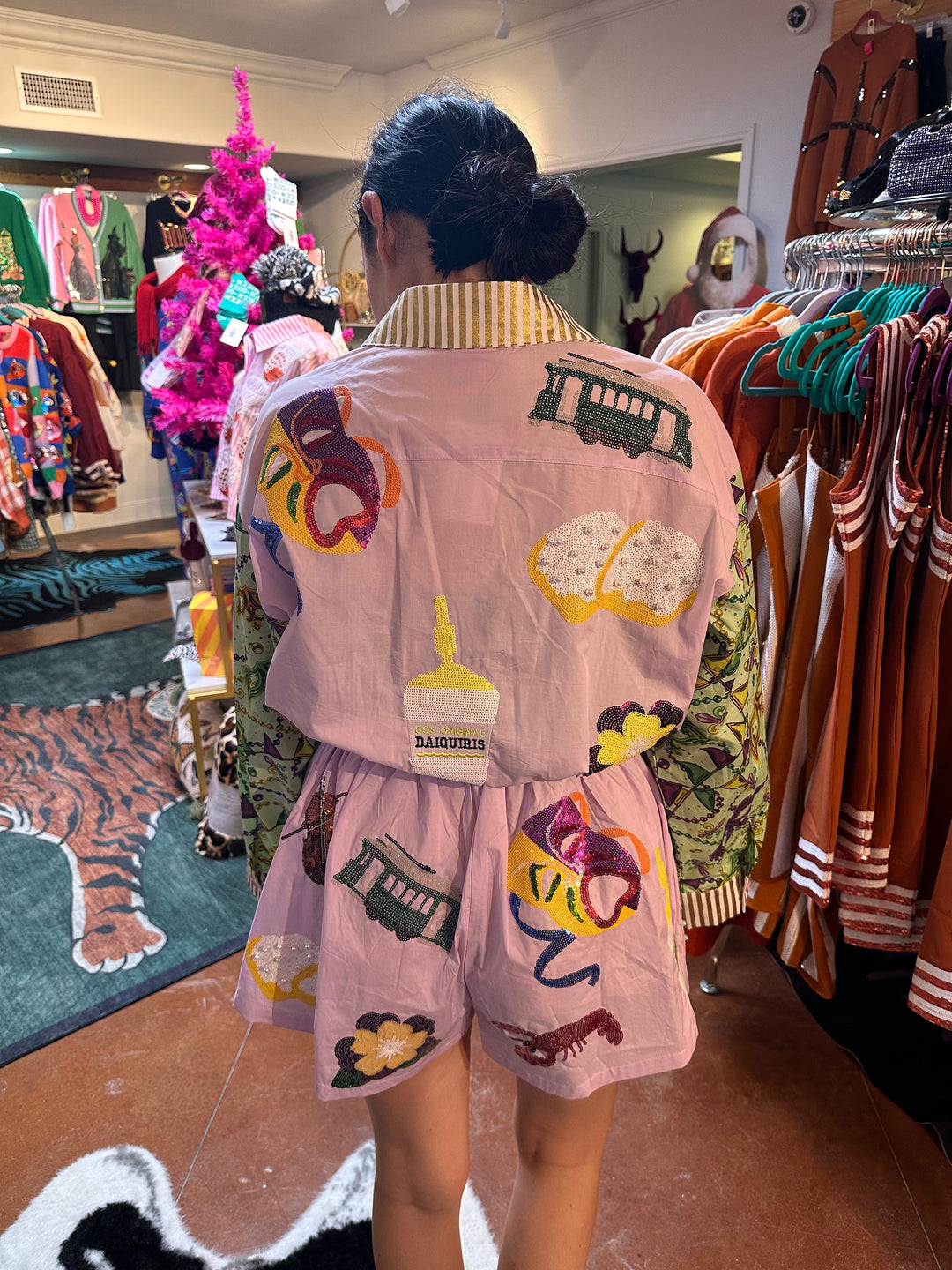 Queen of Sparkles Colorblock Print Mardi Gras Icon Button Up Romper