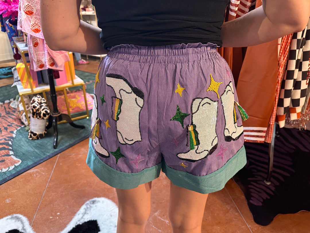 Queen of Sparkles Green &
Purple Stripe
Colorblock Mardi Gras Boot Shorts