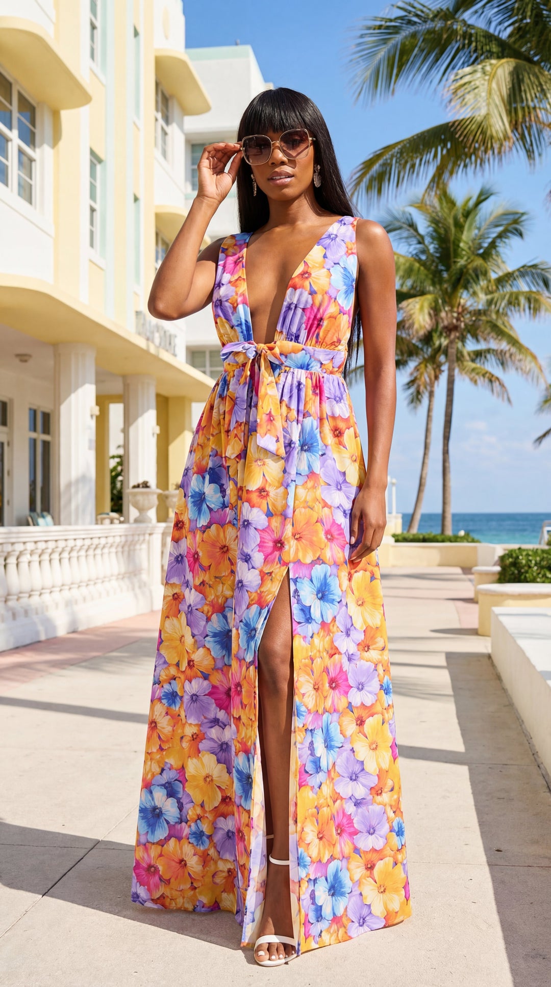 Zena Plunging Neck Maxi Dress - Pansy