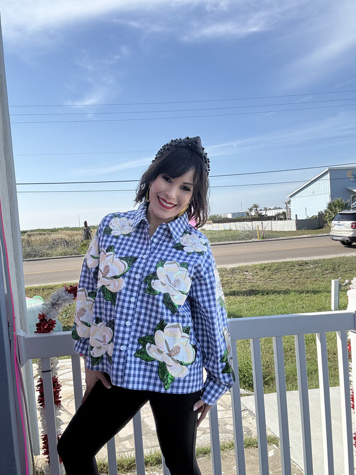 Queen of Sparkles Blue & White Checkered Scattered Magnolia Button Up Top