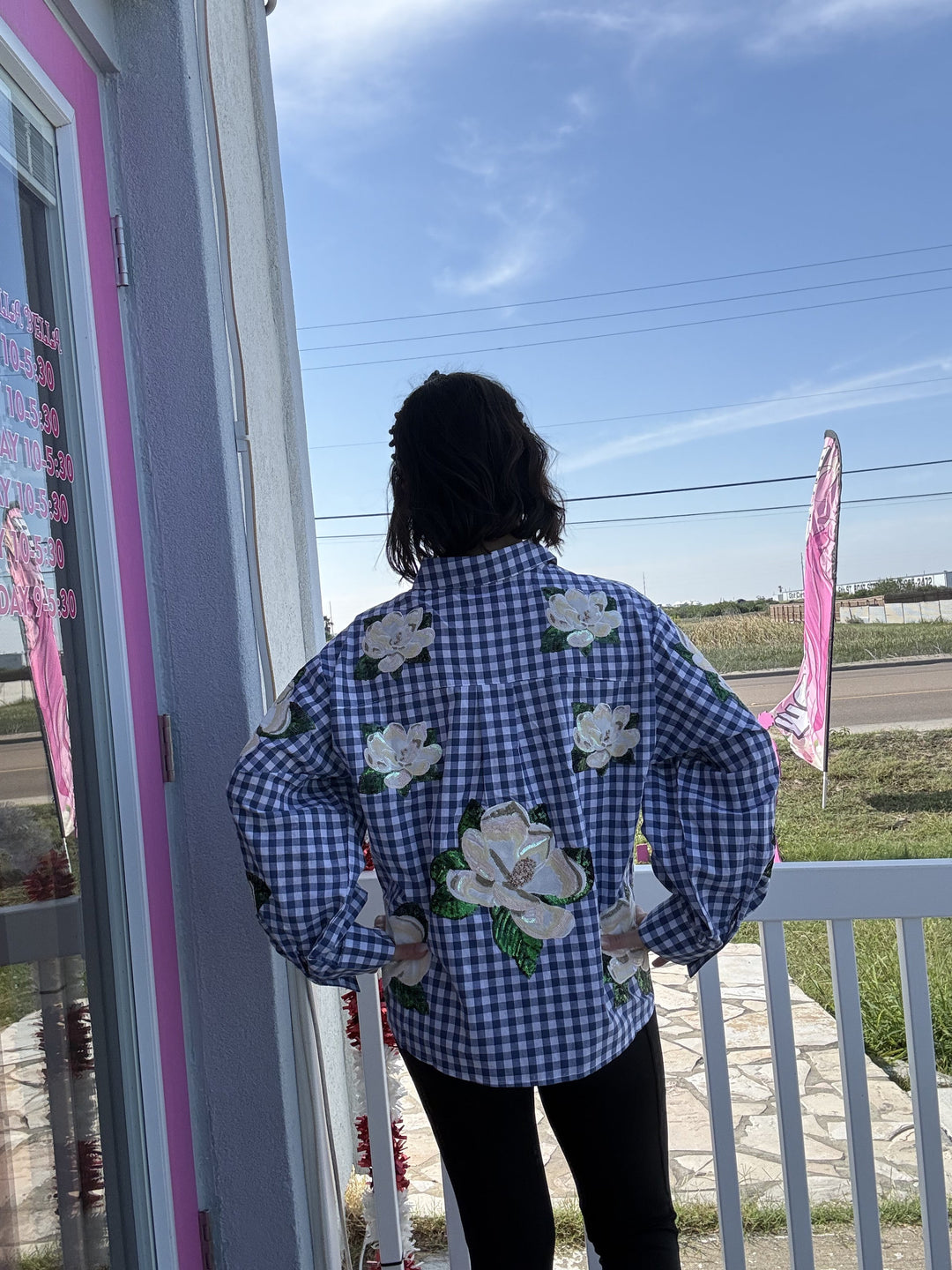 Queen of Sparkles Blue & White Checkered Scattered Magnolia Button Up Top