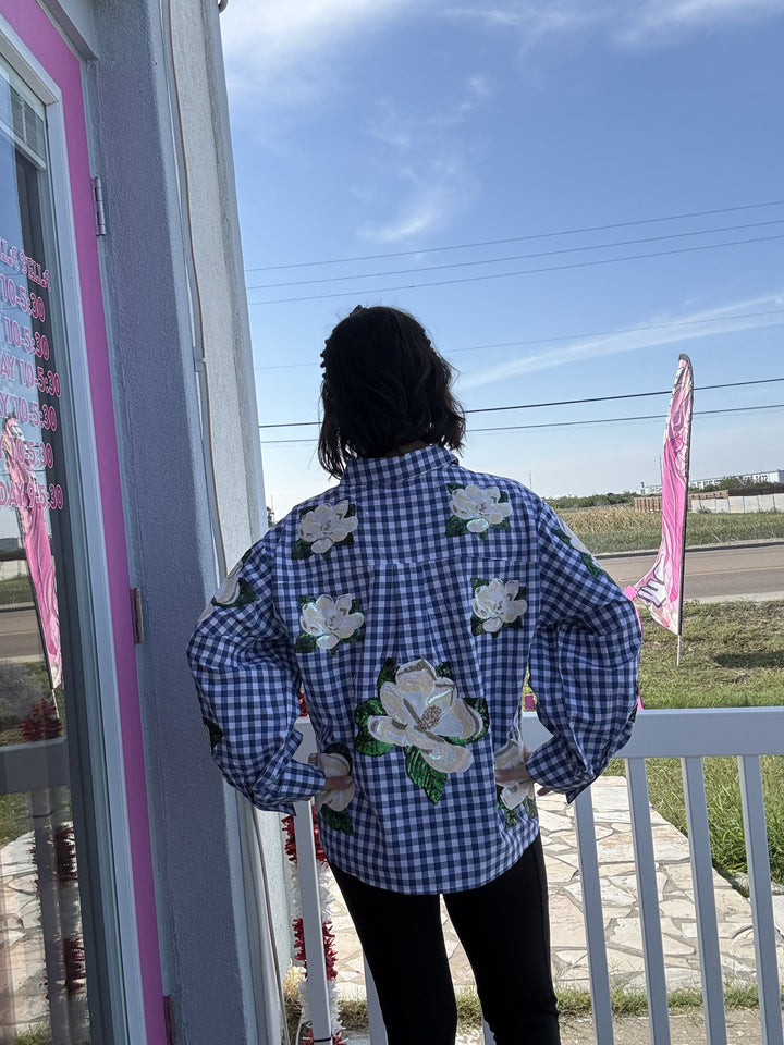 Queen of Sparkles Blue & White Checkered Scattered Magnolia Button Up Top
