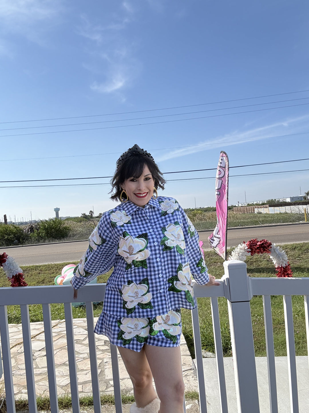 Queen of Sparkles Blue & White Checkered Scattered Magnolia Button Up Top