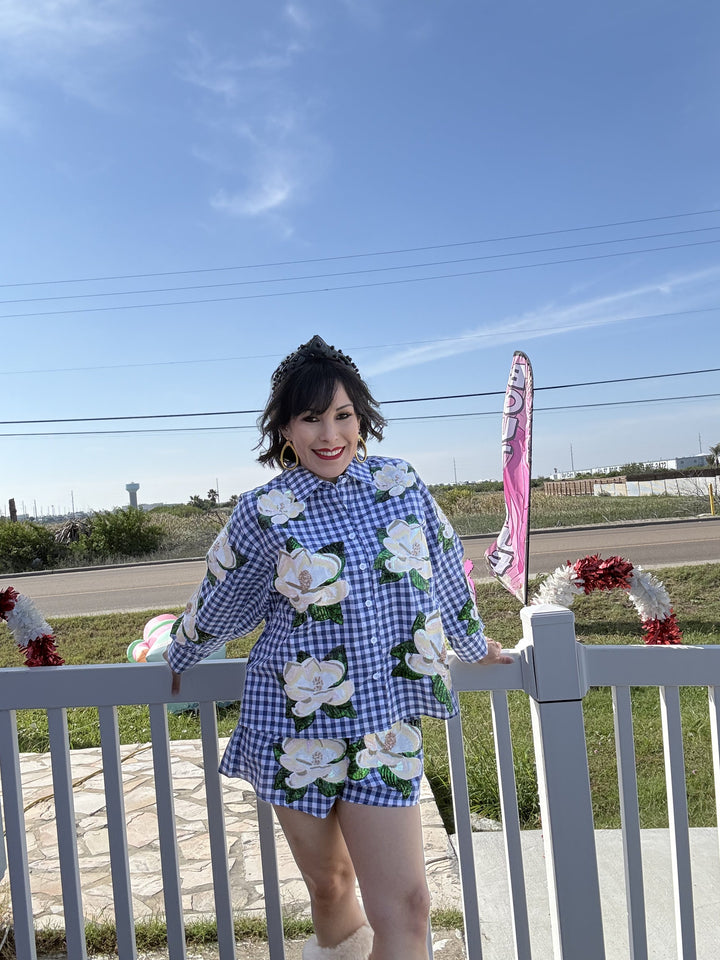 Queen of Sparkles Blue & White Checkered Scattered Magnolia Button Up Top
