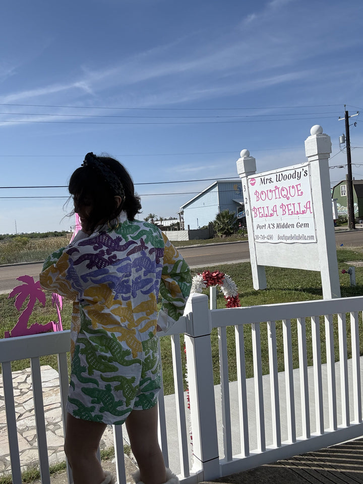 Queen of Sparkles White, Purple, Yellow, & Green Alligator Button Up Cotton Romper