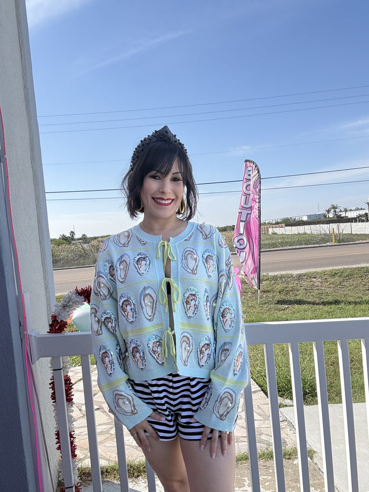 Queen of Sparkles Pale Blue & Green Oyster Tie Up Sweater