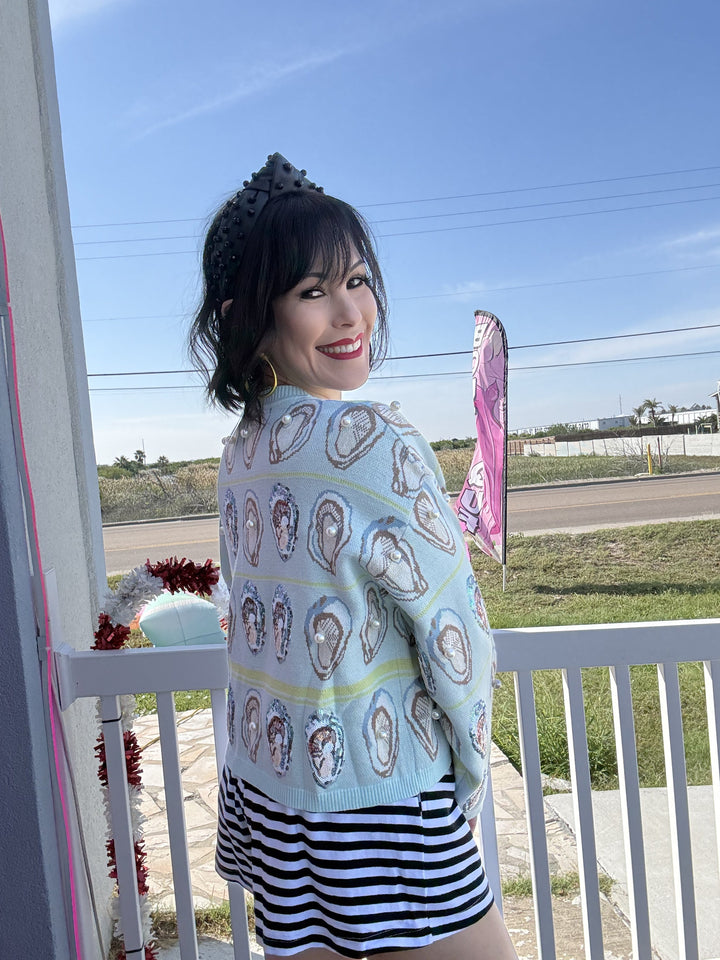 Queen of Sparkles Pale Blue & Green Oyster Tie Up Sweater