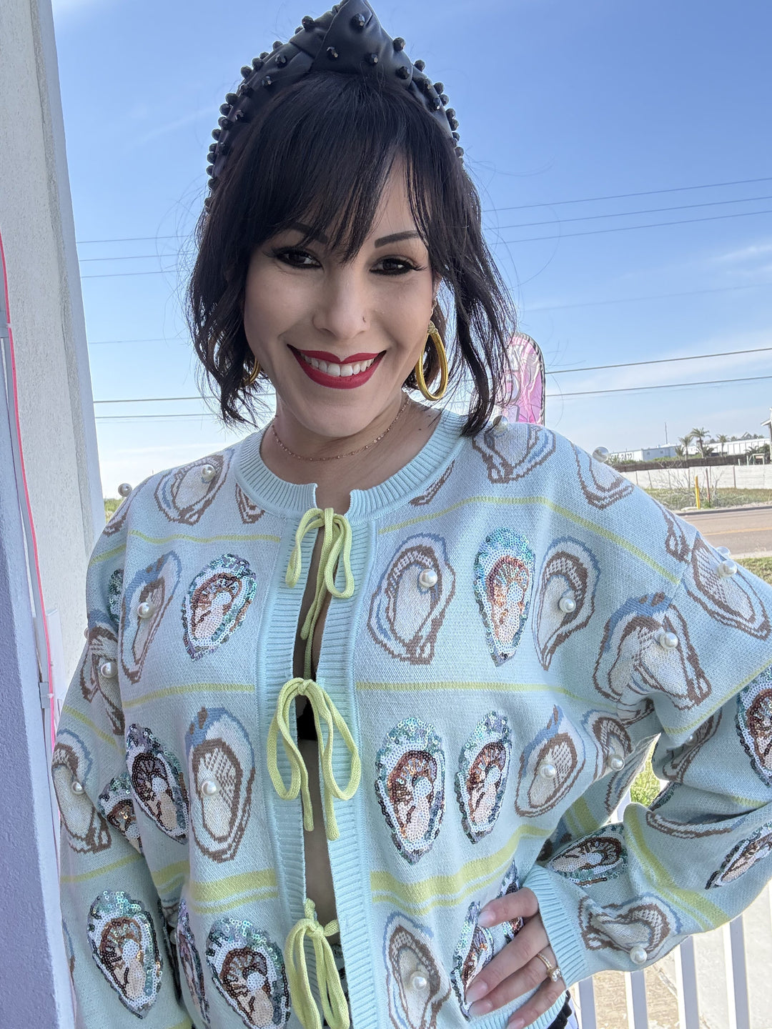 Queen of Sparkles Pale Blue & Green Oyster Tie Up Sweater