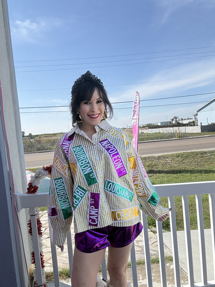 Queen of Sparkles Metallic Gold Stripe Nola Street Signs Button Up Top