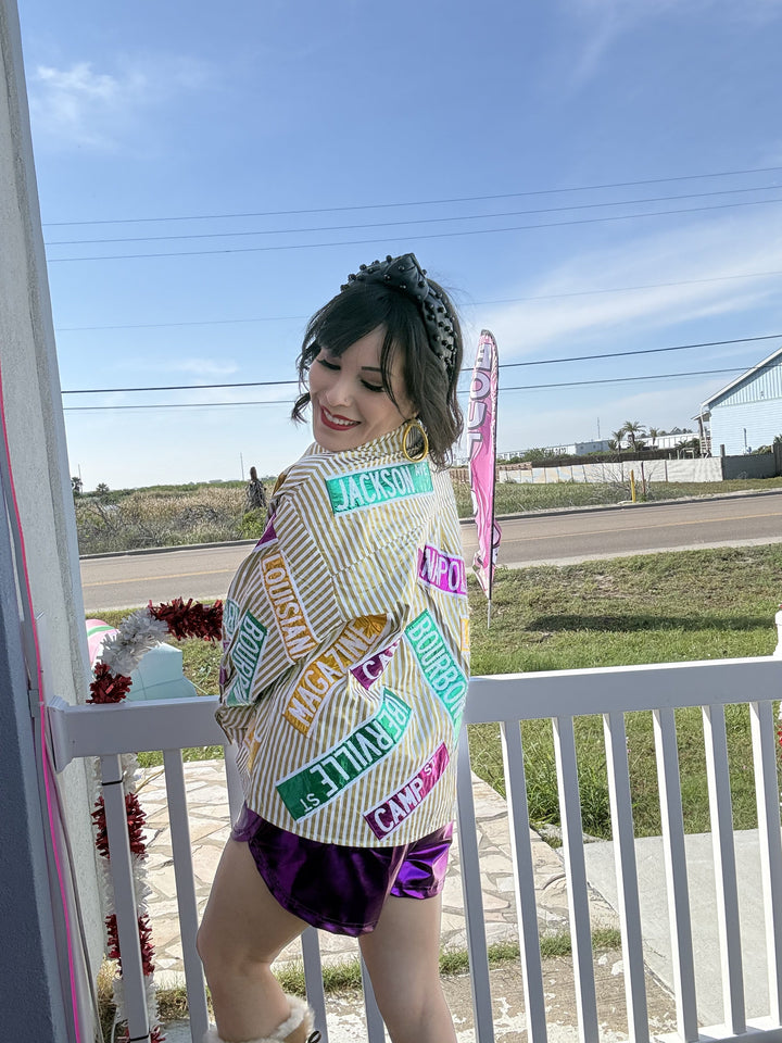 Queen of Sparkles Metallic Gold Stripe Nola Street Signs Button Up Top