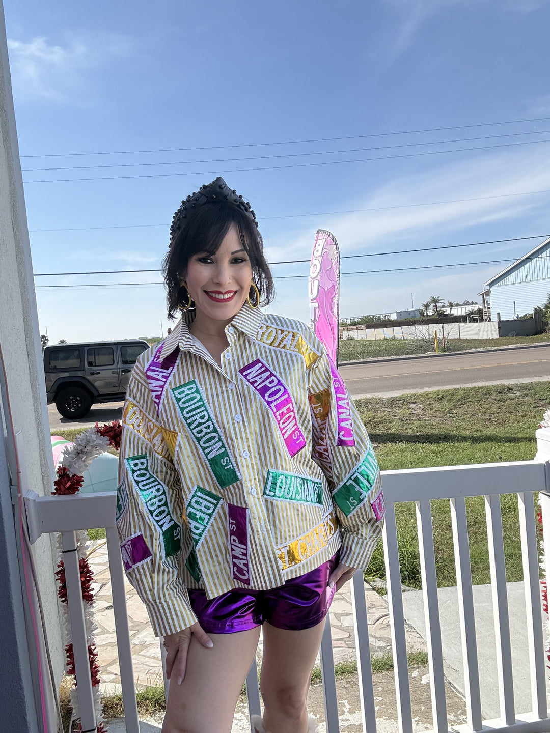 Queen of Sparkles Metallic Gold Stripe Nola Street Signs Button Up Top