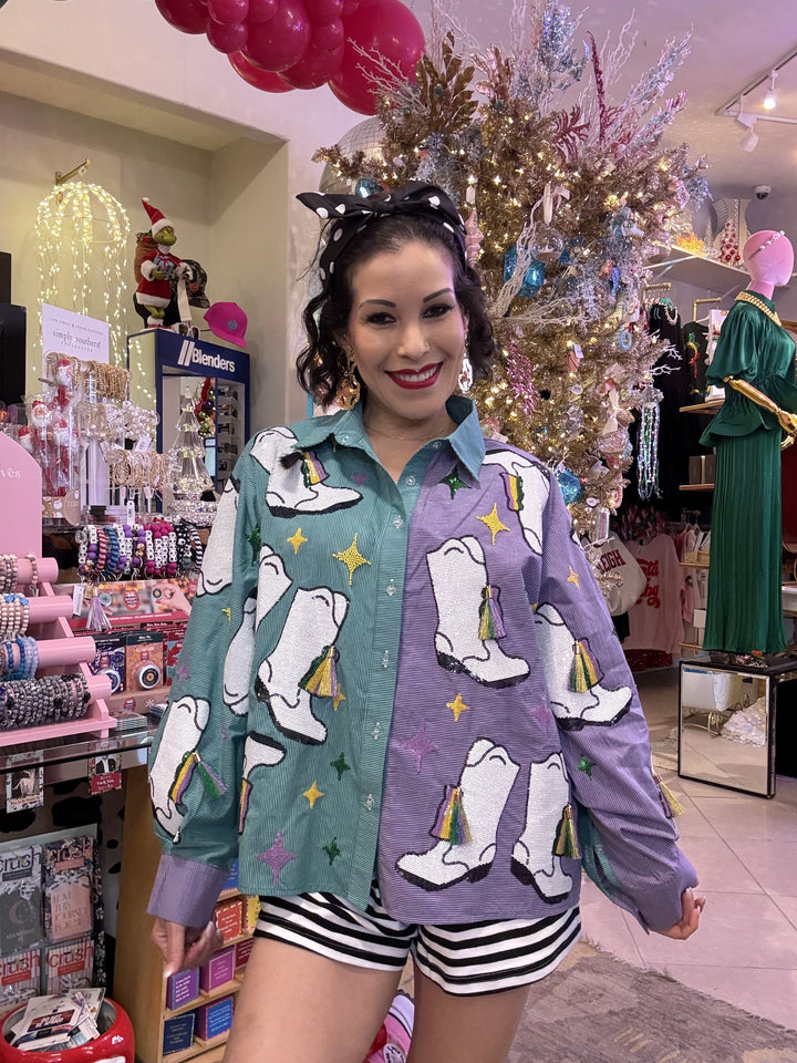 Queen of Sparkles Green &
Purple Stripe
Colorblock Mardi Gras
Boot Button Up Collar Top