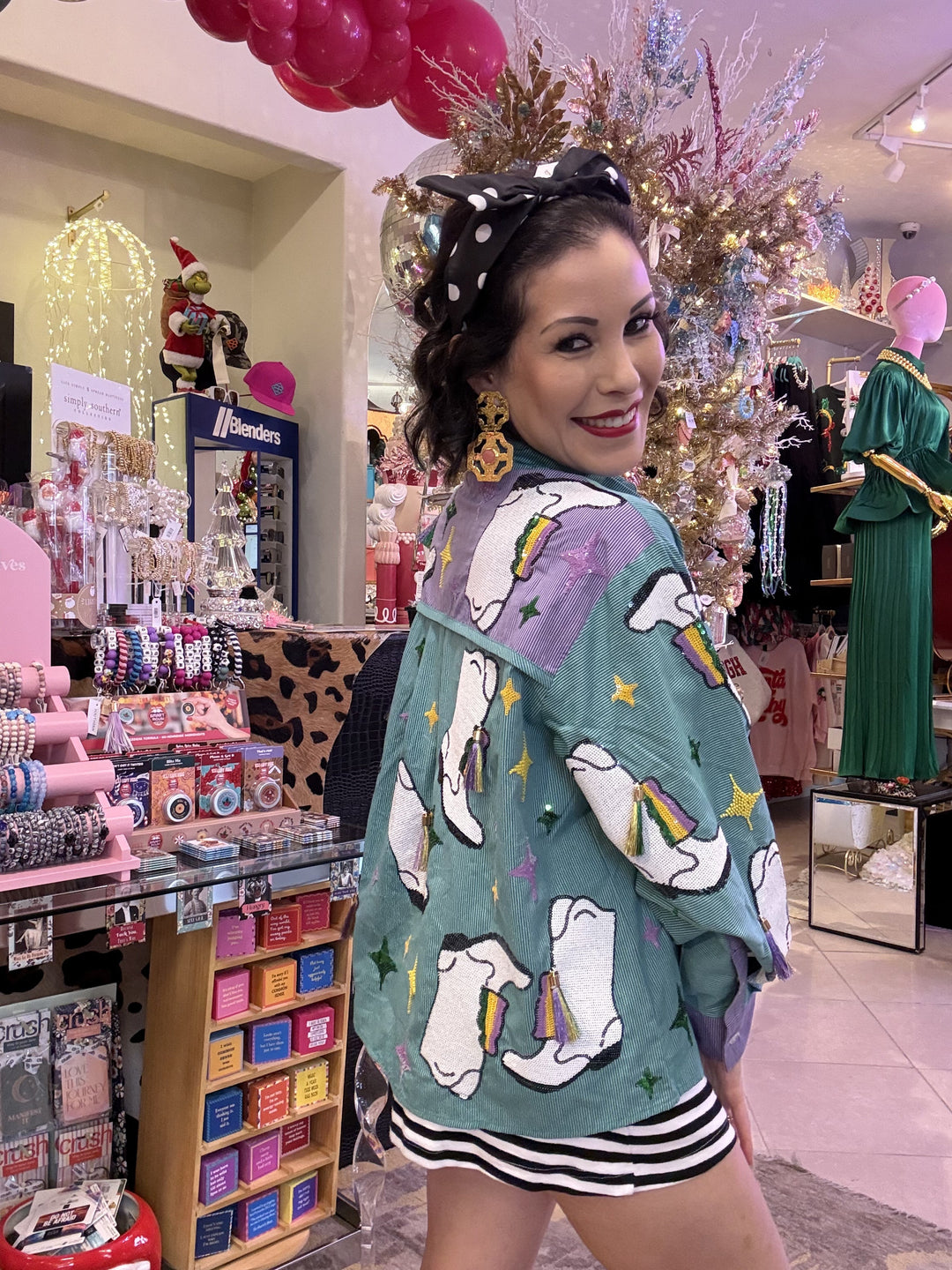 Queen of Sparkles Green &
Purple Stripe
Colorblock Mardi Gras
Boot Button Up Collar Top