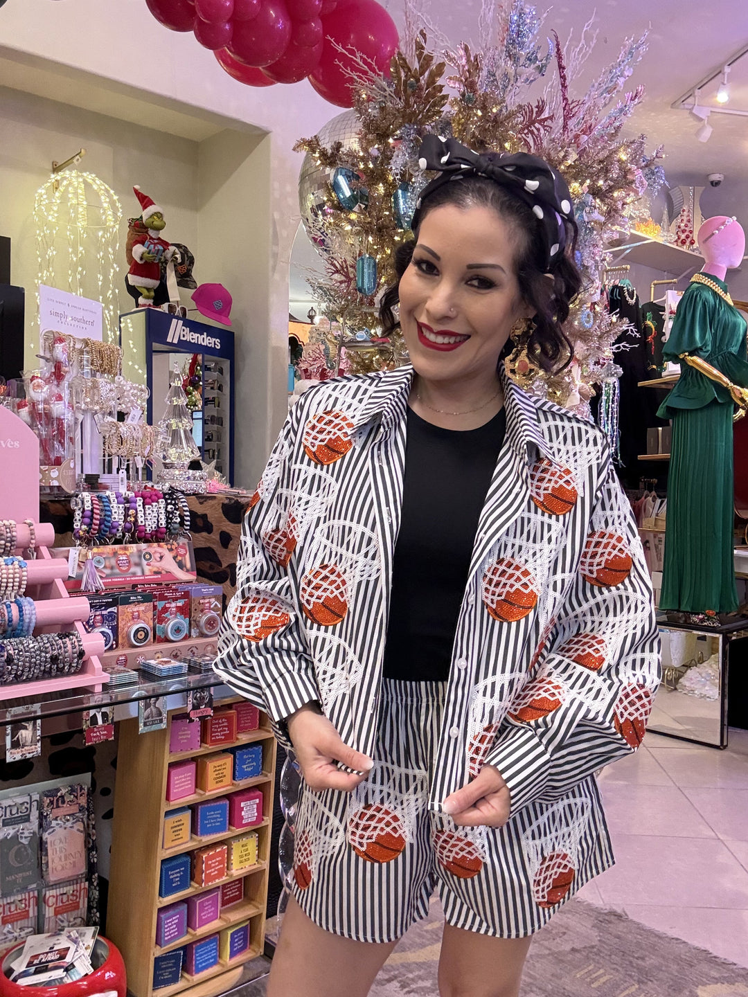 Queen of Sparkles Black & White Stripe Basketball Hoop Button Up Top