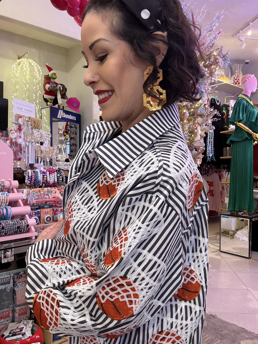 Queen of Sparkles Black & White Stripe Basketball Hoop Button Up Top