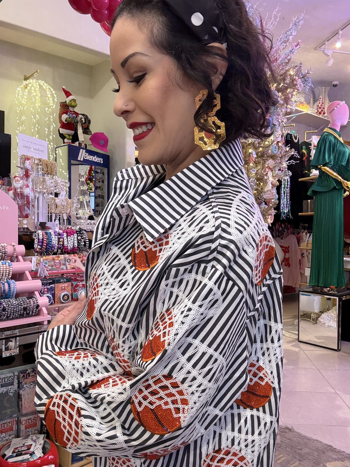 Queen of Sparkles Black & White Stripe Basketball Hoop Button Up Top