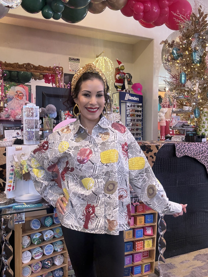 Queen of Sparkles Black & White Seafood on Newspaper Button Up Top