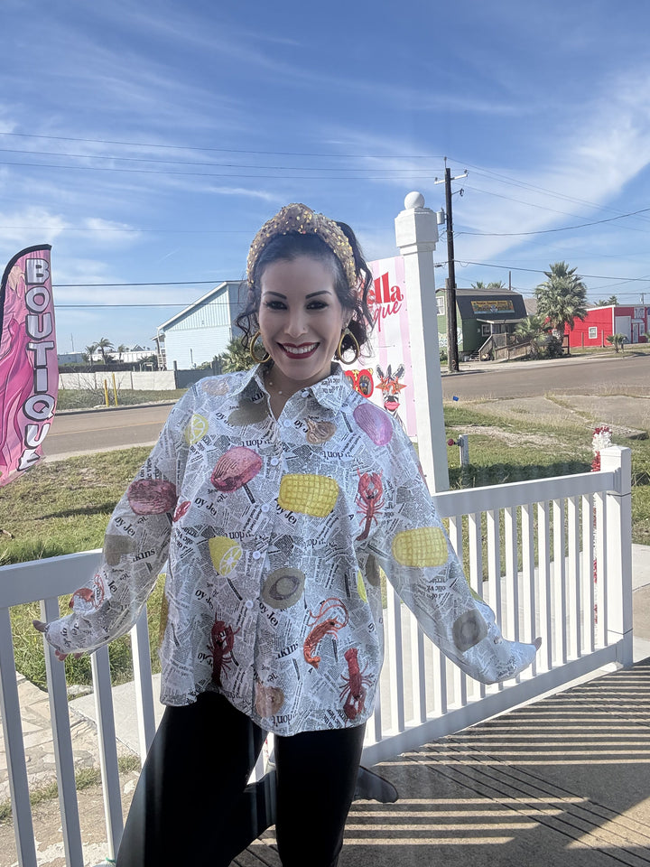 Queen of Sparkles Black & White Seafood on Newspaper Button Up Top