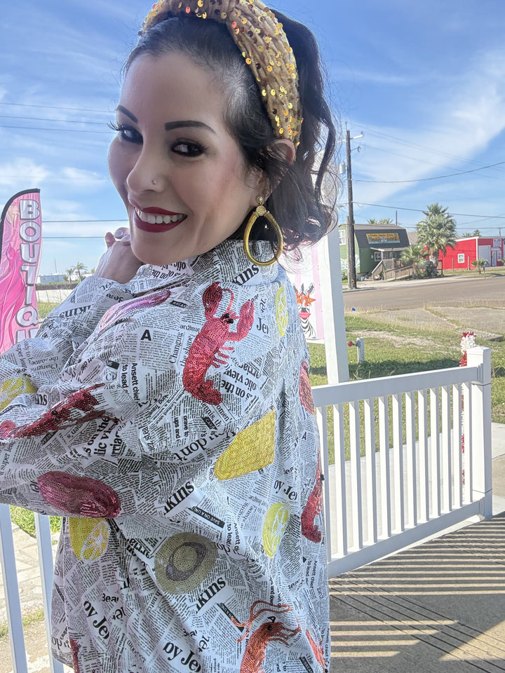 Queen of Sparkles Black & White Seafood on Newspaper Button Up Top