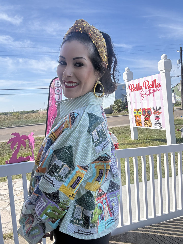 Queen of Sparkles Pale Green Nola Porches Button Up Cotton Top