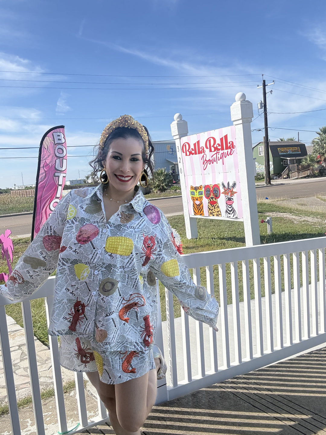 Queen of Sparkles Black & White Seafood on Newspaper Button Up Top