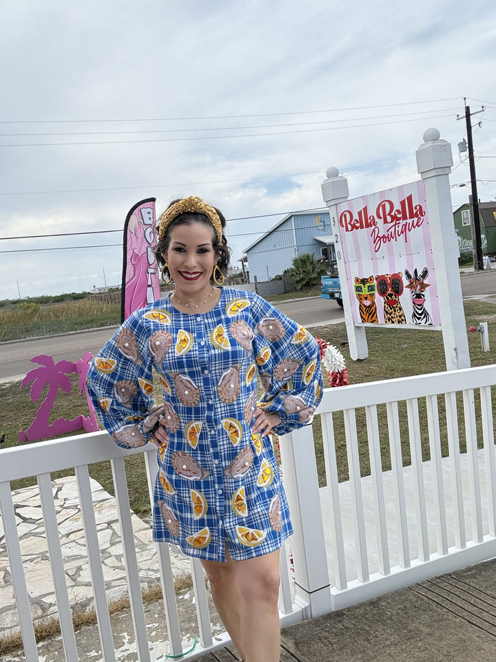 Queen of Sparkles Blue & White Plaid Oyster & Lemons Button Up Dress