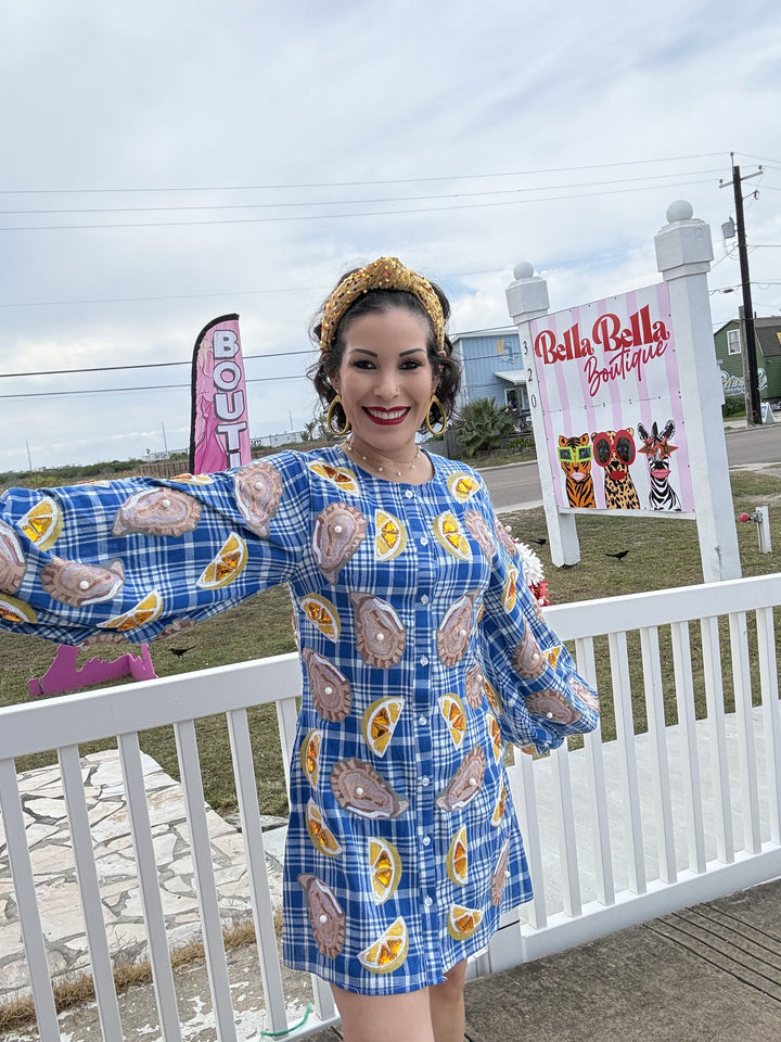 Queen of Sparkles Blue & White Plaid Oyster & Lemons Button Up Dress