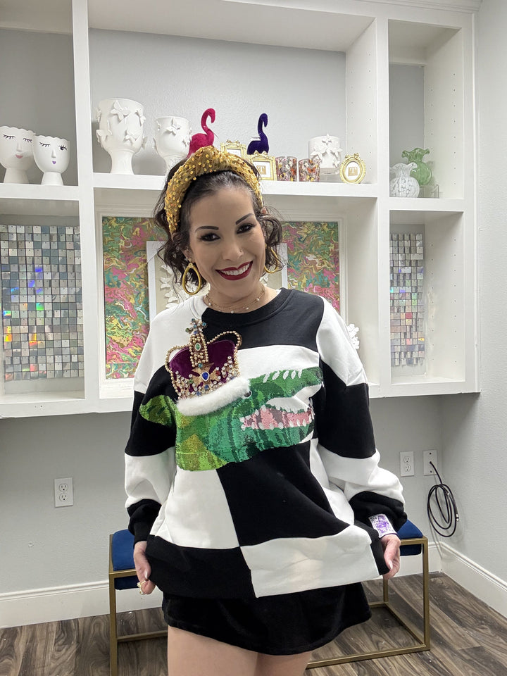 Queen of Sparkles Black & White Checkered Alligator Queen Sweatshirt