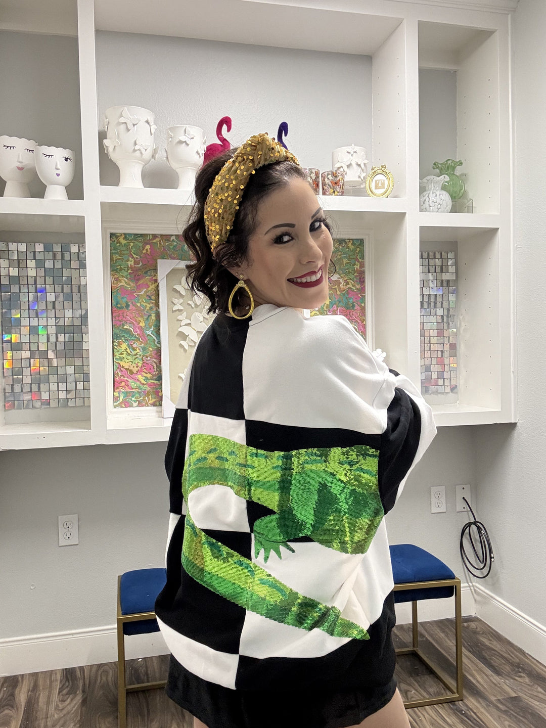 Queen of Sparkles Black & White Checkered Alligator Queen Sweatshirt