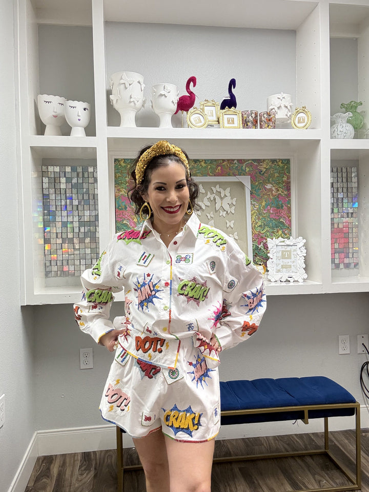 Queen of Sparkles White Mahjong Icon rainbow Trim Shorts