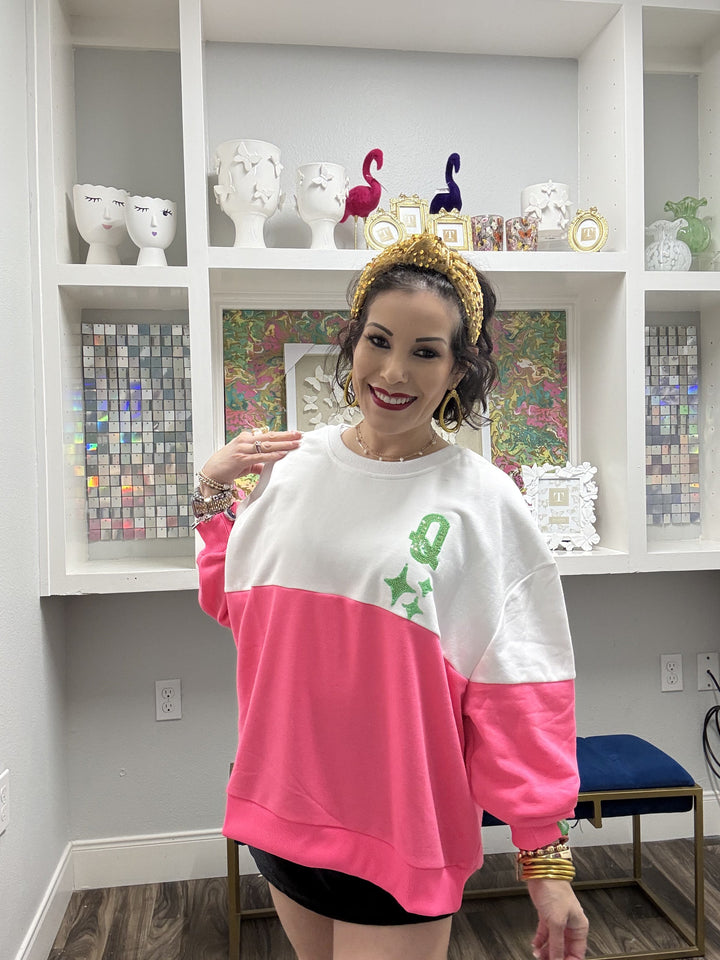 Queen of Sparkles White & Neon Pink Colorblock QOS Logo Sweatshirt