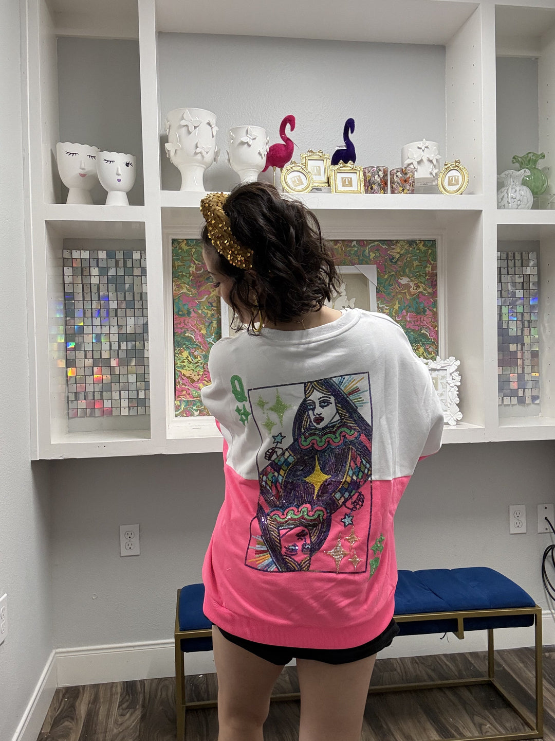Queen of Sparkles White & Neon Pink Colorblock QOS Logo Sweatshirt