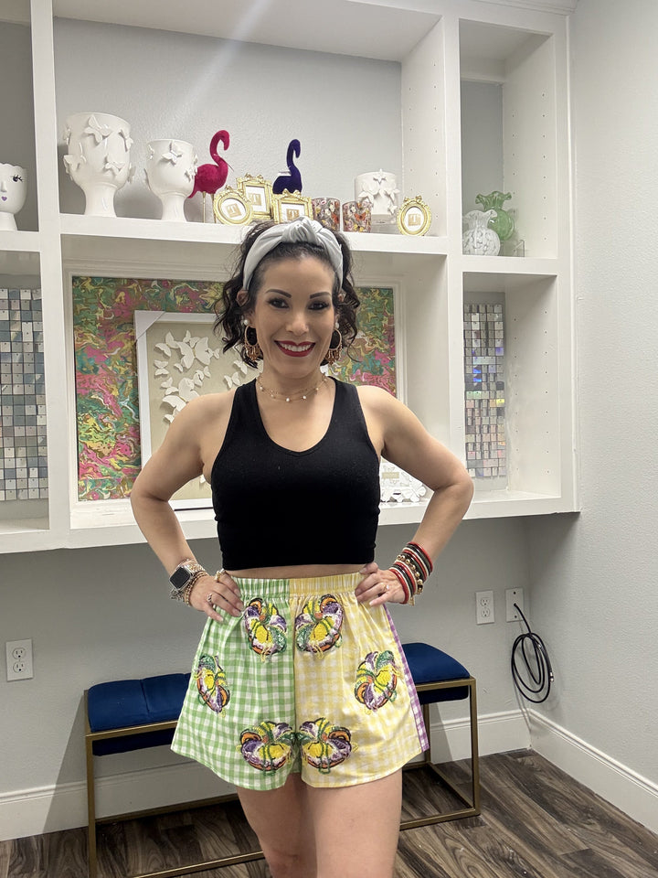 Queen of Sparkles Colorblock Mardi Gras Gingham King Cake Short