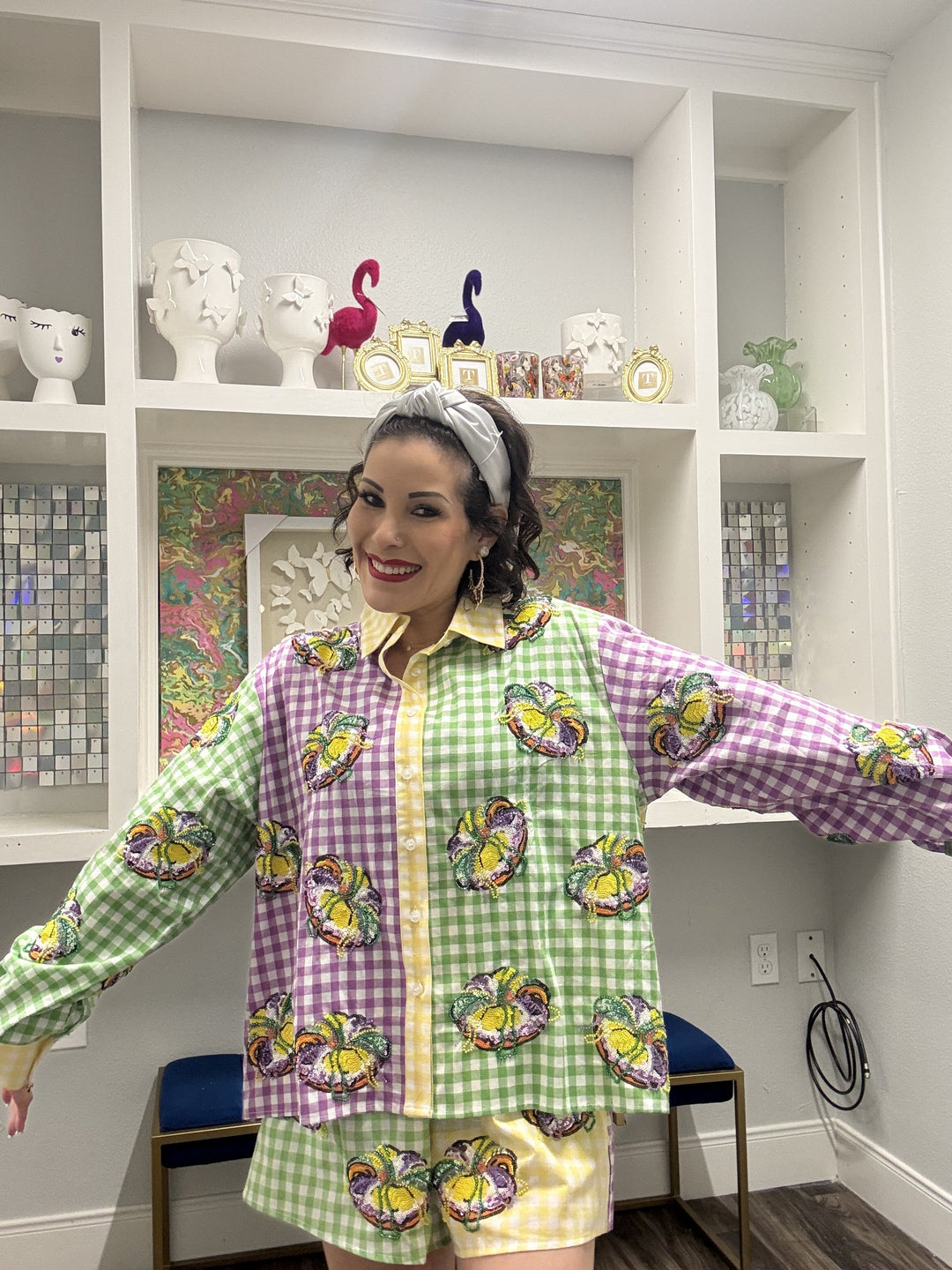 Queen of Sparkles Colorblock Mardi Gras Gingham King Cake Short