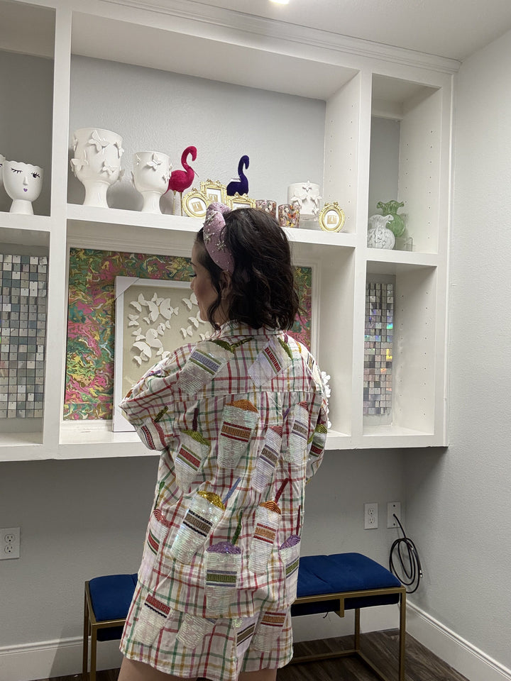 Queen of Sparkles Purple & White Diamond Mardi Gras Porches Short