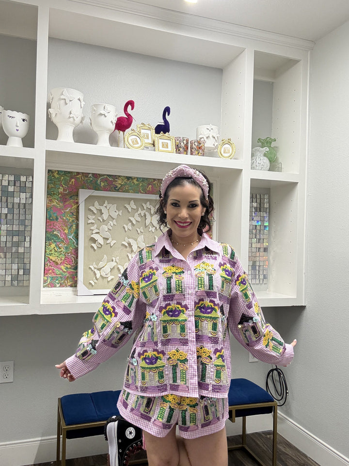 Queen of Sparkles Purple & White Diamond Mardi Gras Porch Button Up Top