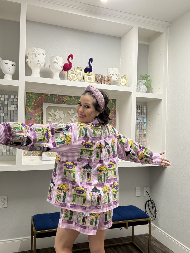 Queen of Sparkles Purple & White Diamond Mardi Gras Porch Button Up Top