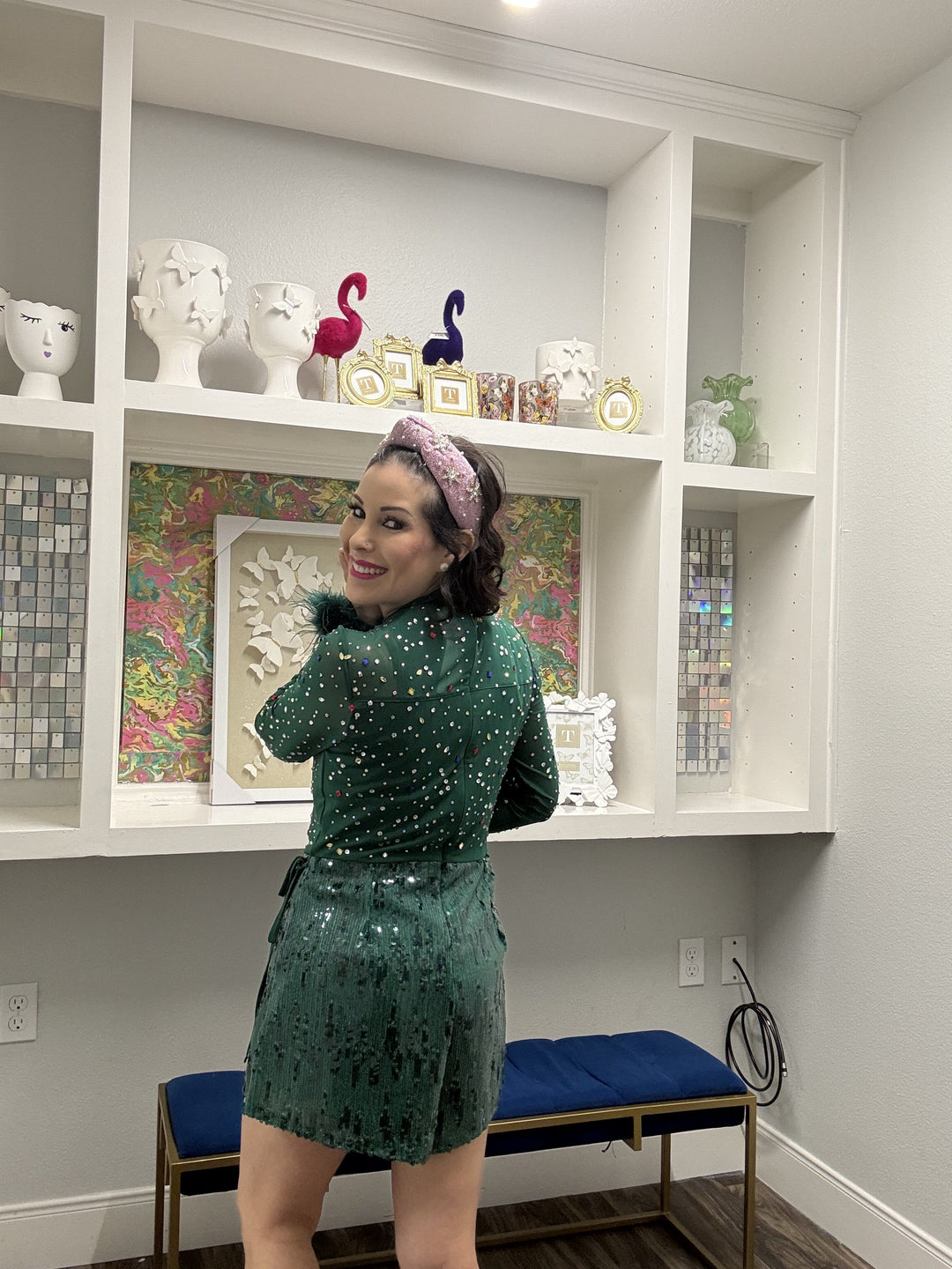 Queen of Sparkles Emerald Feather Sleeve Multi Rhinestone Sequin Short Romper