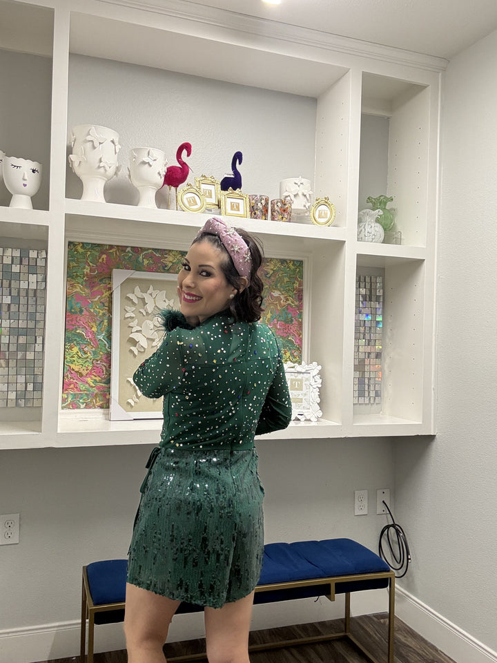 Queen of Sparkles Emerald Feather Sleeve Multi Rhinestone Sequin Short Romper