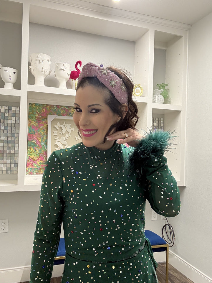 Queen of Sparkles Emerald Feather Sleeve Multi Rhinestone Sequin Short Romper