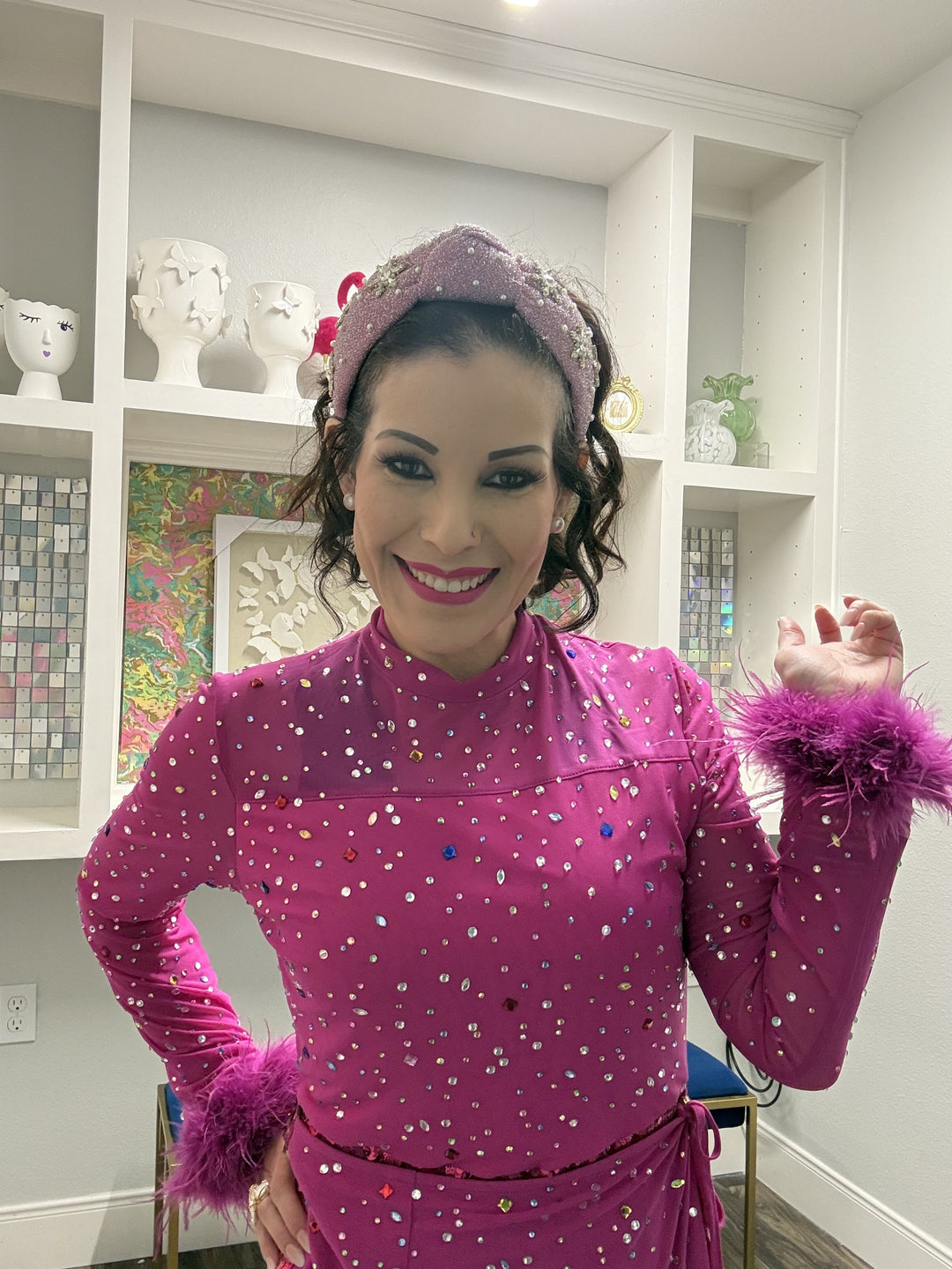 Queen of Sparkles Pink Feather Sleeve Multi Rhinestone Sequin Short Romper