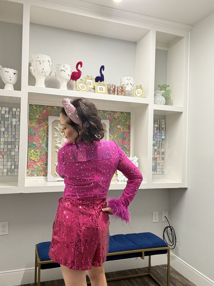 Queen of Sparkles Pink Feather Sleeve Multi Rhinestone Sequin Short Romper