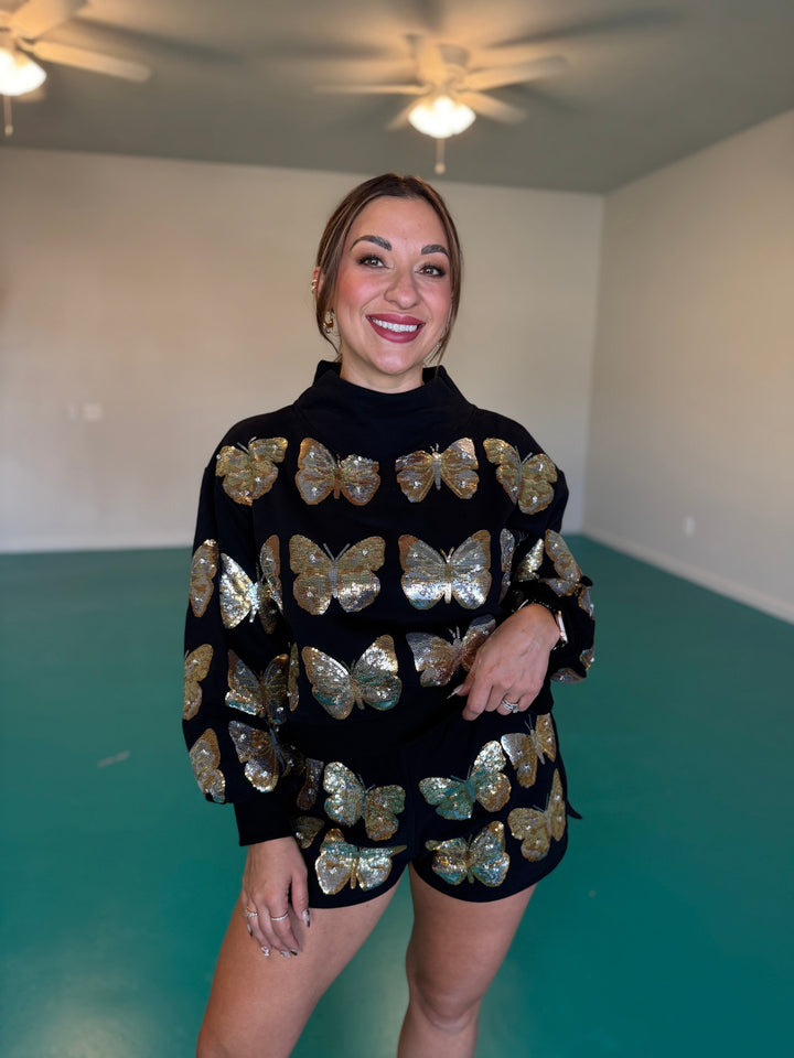 Queen of Sparkles Black & Gold Butterfly Mockneck Sweatshirt