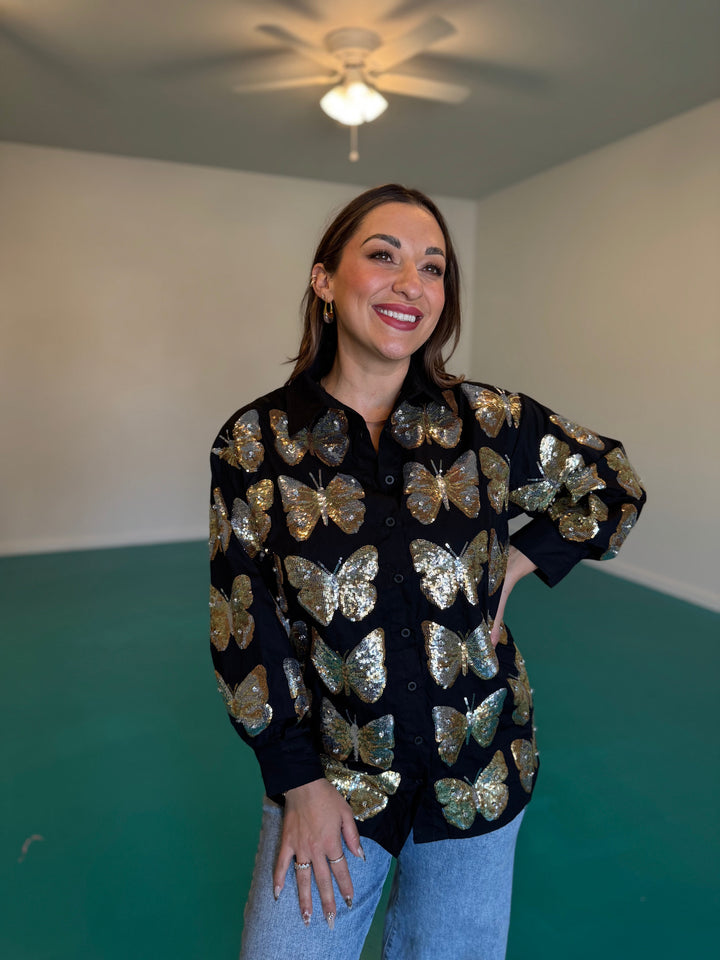 Queen of Sparkles Black & Gold Sequin Butterfly Cotton Button Up Dress