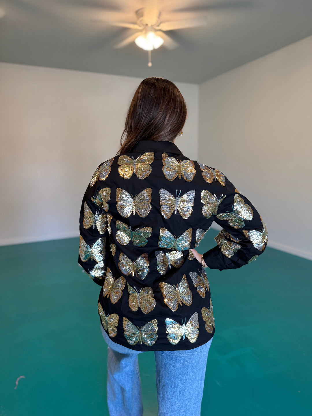 Queen of Sparkles Black & Gold Sequin Butterfly Cotton Button Up Dress
