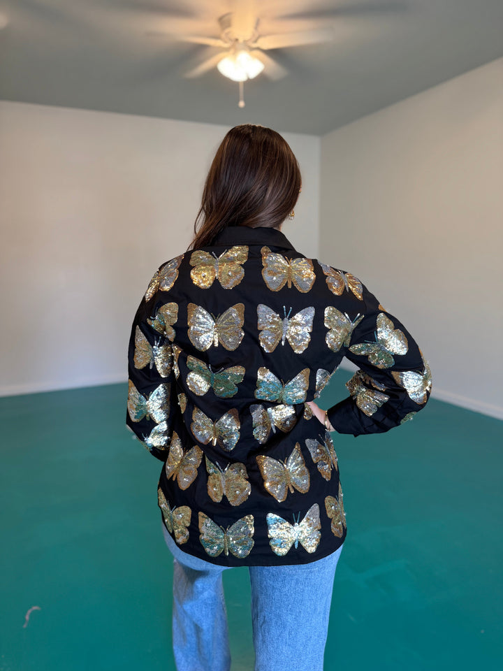 Queen of Sparkles Black & Gold Sequin Butterfly Cotton Button Up Dress